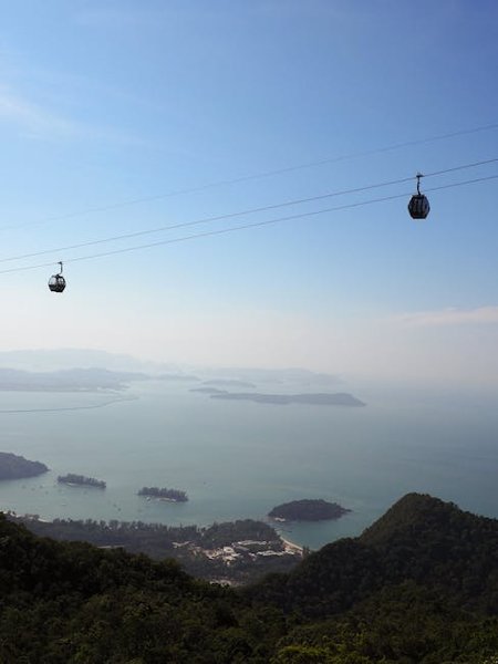 A panoramic view of the Langkawi SkyCab cables stretching steeply up the lush green Machinchang mountain